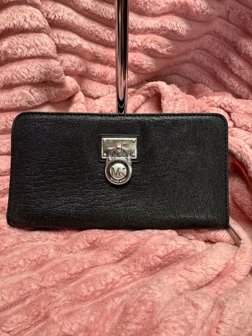 Michael Kors Black Leather Zip Wallet with Silver MK Charm
